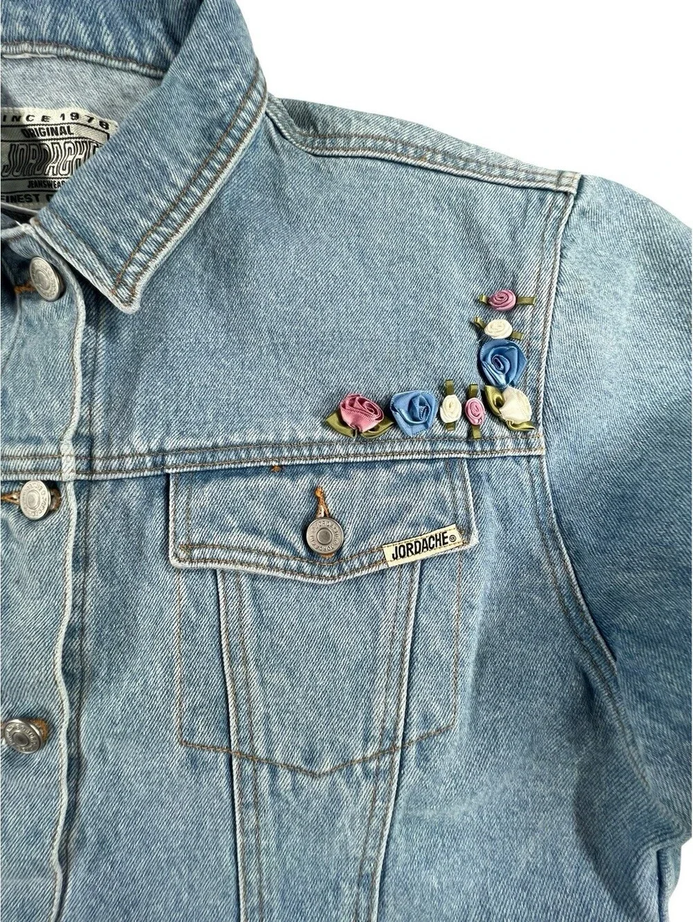 Vintage Jordache Floral Ribbon Denim Trucker Jacket Cropped Y2K Cottagecore